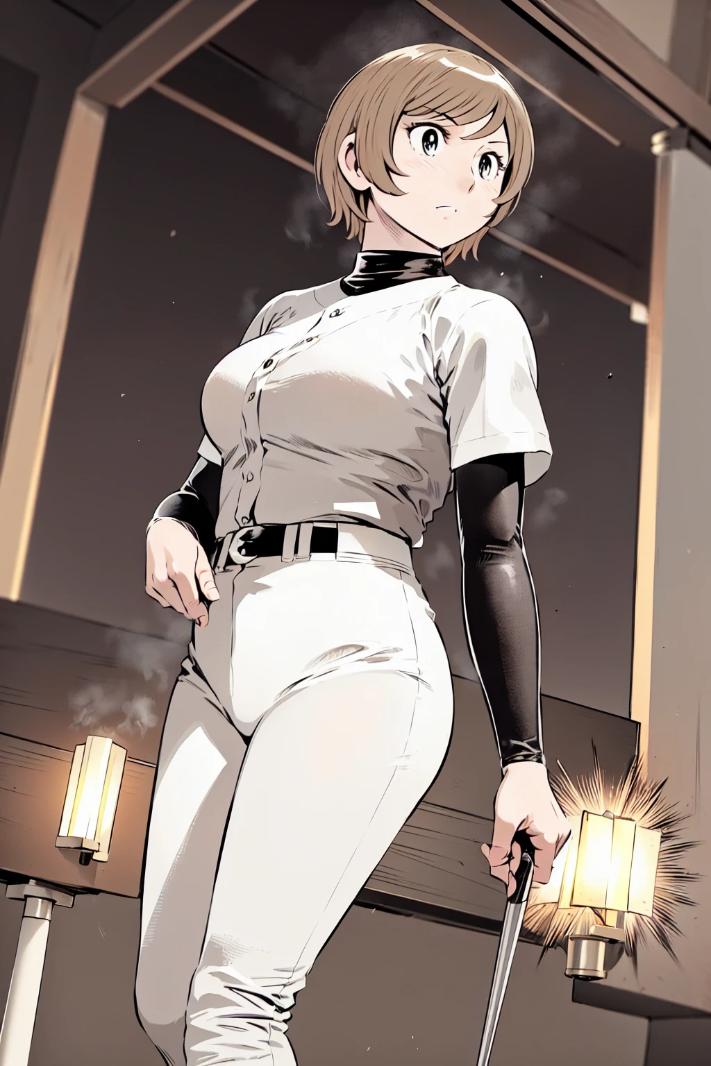(野球uniform:1.2),
Blonde, (short hair:1.2),Long sleeve, Black Shirt, turtleneck,White trousers、uniform、Black belt、((Illustration of a person))、big 、
View your viewers,, (Highest quality:1.3),One Girl, White pants、uniform、Outdoor、baseball ground、ground、soil、blue eyes、Tight black shirt、(masterpiece、Highest quality)、Highest quality, Ultra-high resolution, (((masterpiece))), alone, Sweat、big eyes、big Breasts、One Girl, Front view、Embarrassed face、Bronze colored hair、((short hair))、Stand up straight、Cowboy Shot