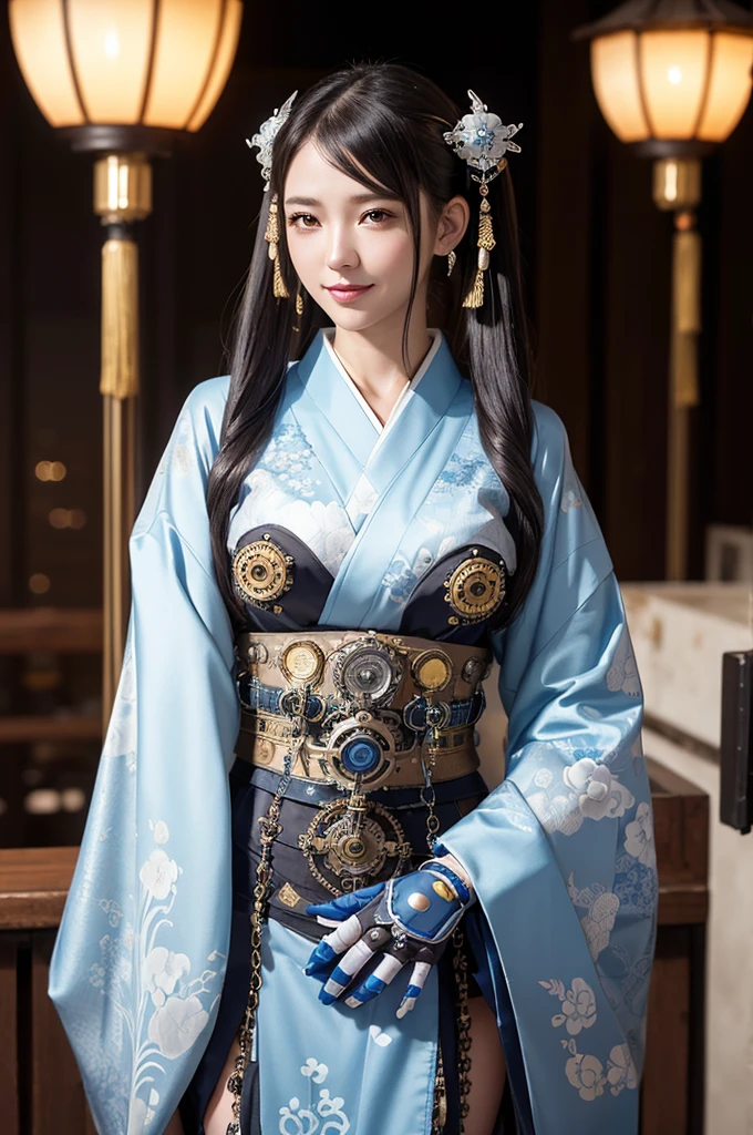 Woman portrait、Highest quality、Rear view、8K,Detailed face, clear, Fine skin、Clear, beautiful eyes、whole body、Curly Hair、My hair was messed up by the wind、The beauty of a smile、(Glamorous Muscle、tall),(Hip_superior, Hip superior), Mature Woman,( Watching the audience),Realistic, High resolution, Soft Light,1 female, alone, Hipアップ, Glowing Skin, (Detailed face), Sexy smile, Perfect Style, Perfect balance,Black hair,Twin tails,Naughty look,((Steampunk kimono,Chinese pattern)),(Light blue mech, High-tech Mecha,Beautiful steampunk cyborg woman,Steampunk Mecha Cyborg Girl,Steampunk light blue and white kimono、hairclip,gloves、Luxurious obi,Lavish decoration、spikes,beads、gloves,Chastity belt,),((arms behind back)),(bokeh),(studio lighting)