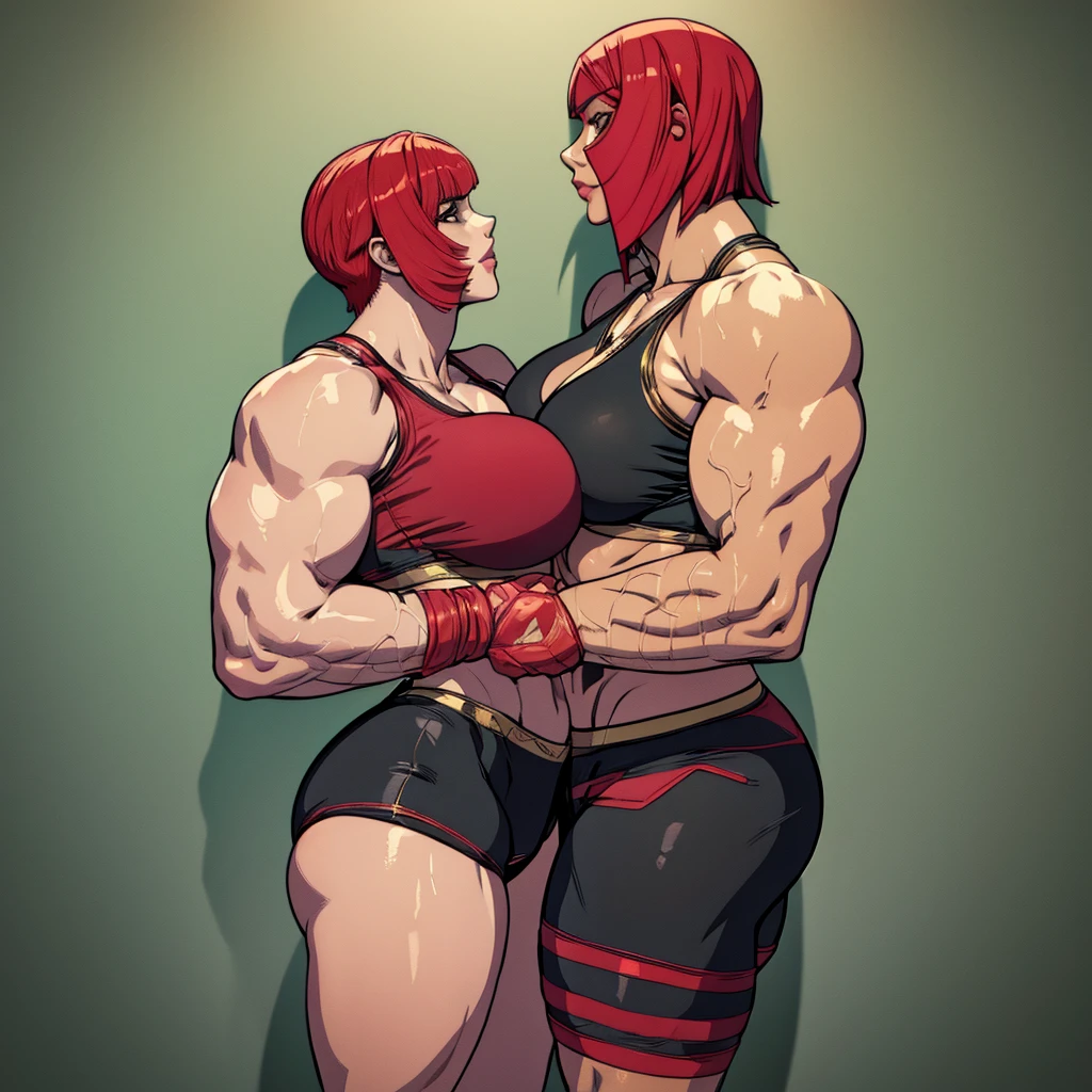 Two woman kissing, fMarisa 22 y.o trans female, 210 cm tall, short red hair, Poison 26 y.o 183 cm tall female, pink short bob hair, muscular body, fit toned body, big breast, big biceps, toned thighs, wider hips, round butt, small blue eyes, black sports bra, high waisted spandex shorts, green short underwear, red leggings, swimming shorts, white wall in the background,(facing viewer, looking at viewer) (red hair two braided) , brown eyes, full body shot, ultra realistic, legs stretched, detailed face, kissing each other, holding each other,