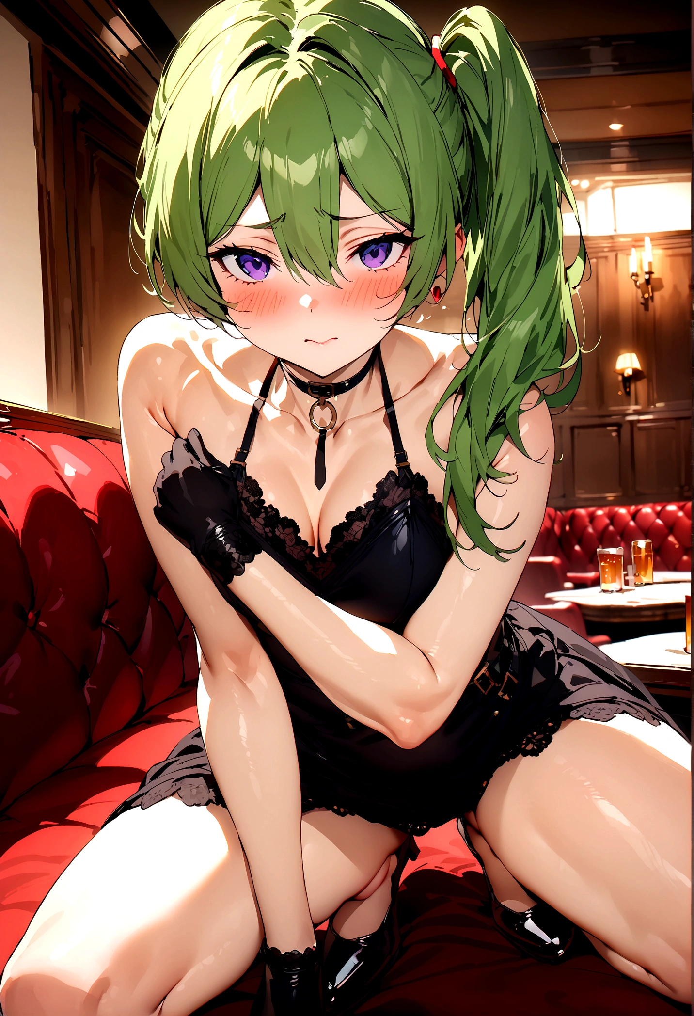 NSFW,masterpiece,Highest quality,High resolution,Super detailed,Uber\(Funeral of Frieren\),Green Hair、bangs、Hair between the eyes、Side Ponytail、Purple Eyes、Black choker、clavicle、Black gloves、belt、Black shoes,Embarrassed,blush,Luxurious Room,pub,Private room,sofa,heart,Sexy pose