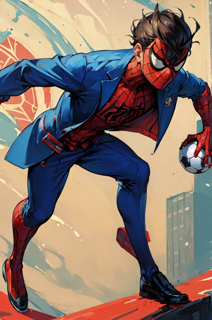 (masterpiece:1.5),(best quality:1.5), Male Spiderman with mask and blue suit dressed in a red football-soccer uniform 