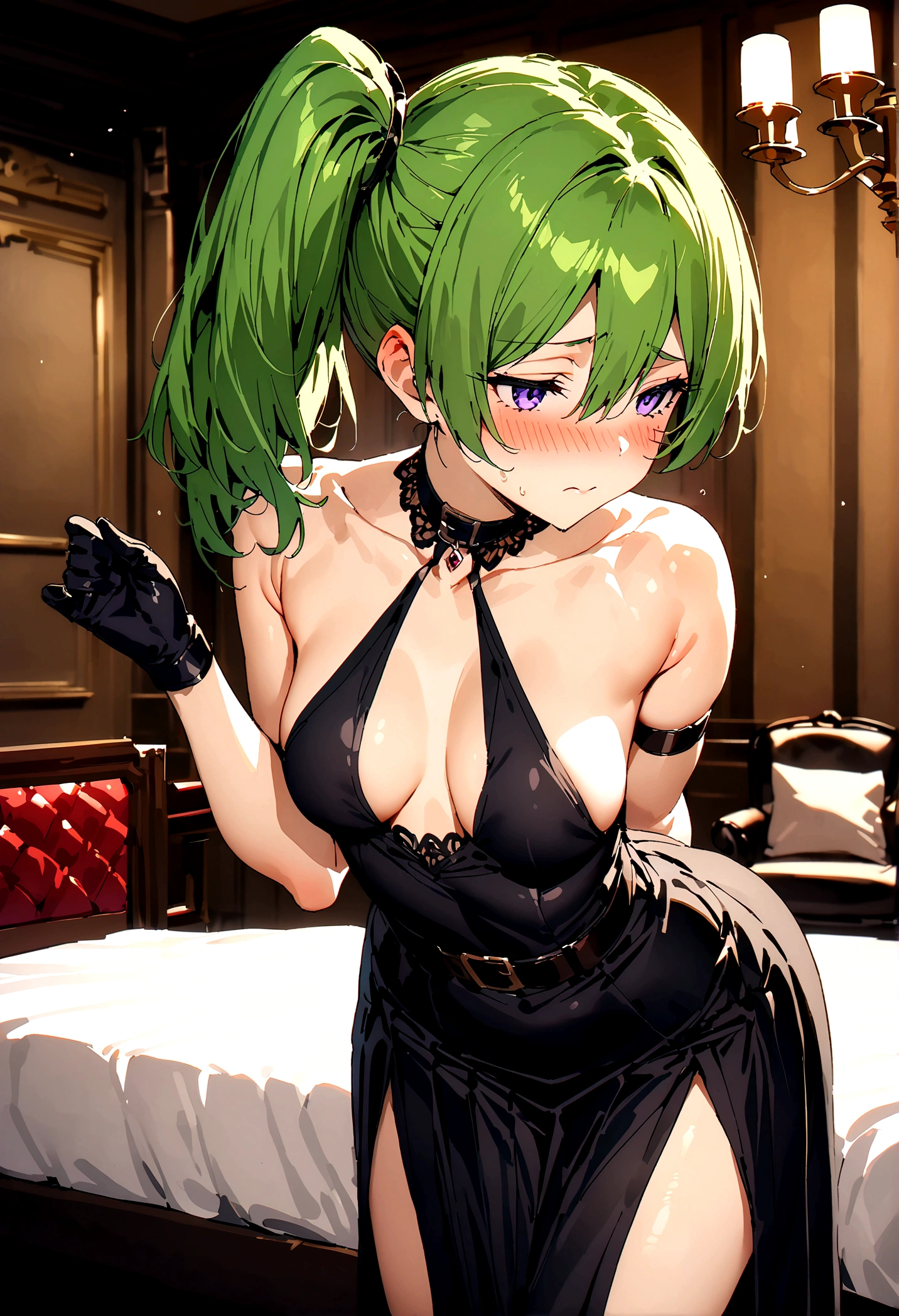 NSFW,masterpiece,Highest quality,High resolution,Super detailed,Uber\(Funeral of Frieren\),Green Hair、bangs、Hair between the eyes、Side Ponytail、Purple Eyes、Black choker、clavicle、No sleeve、High Slit Long Dress、No sleeveのドレス、Halter neck、Pleated skirt、Black gloves、belt、Black shoes,Embarrassed,blush,Luxurious Room,Brothel at night,heart,Sexy pose