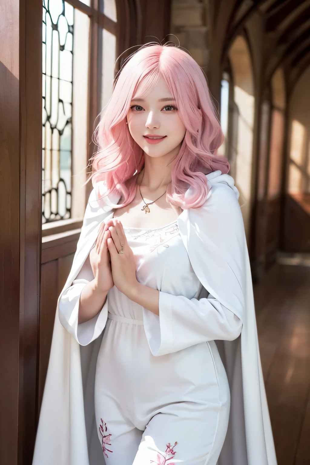 (8K, top-quality, masterpiece:1.2), (reallistic, Photorealsitic:1.37), Super Detail, One girl,), (Highly detailed), (beautifully detailed eyes), (of the highest quality), (super detailed ), (masterpiece), (Detailed face),20yr old, ,1 girl, ((pink hair,long hair)), medium breasts, clothed, Perfect Lighting, BREAK, (mystical sister:1.5), (monastery fashion:1.4), (all-white outfit:1.5), (long cape:1.3), (long slip dress:1.3), (embroidered blouse:1.2), (wide-leg pants:1.2), (mystical:1.2), (flowing silhouette:1.2), (embroidery details:1.1), (leather sandals:1.1), (cross necklace:1.1), BRAKE, (upper body and thighs:1.2), (mystical pose:1.3), (praying with hands:1.3), (smile:1.2), (long pink hair:1.2), (waves to the left:1.2), (soft lighting:1.2), (monastery corridor:1.2), (arch window:1.1), BRAKE