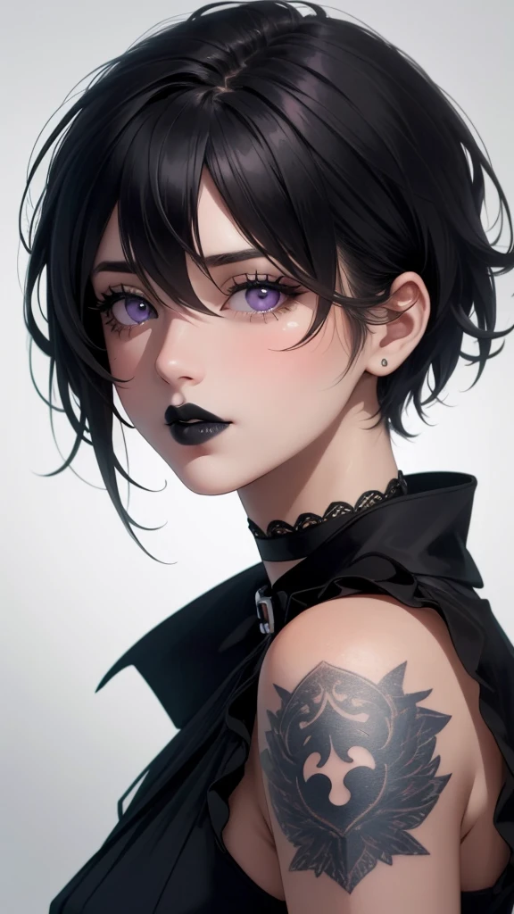 masterpiece,(best quality,top quality,8k),realistic,detailed eyes and face,(1girl), purple eyes, black hair, messy hair, short hair, hair between eyes,(tatto:1.2), pixie cut, goth, gothic, choker, black lips, (black dress:1.2), pretty girl, beauty skin, ultra high res, raw photo , detailed body ,(puffy eyes) ,good contrast , high sharpness,(gorgeous),realistic,RAW Photography,(hyperdetailed:1.2)