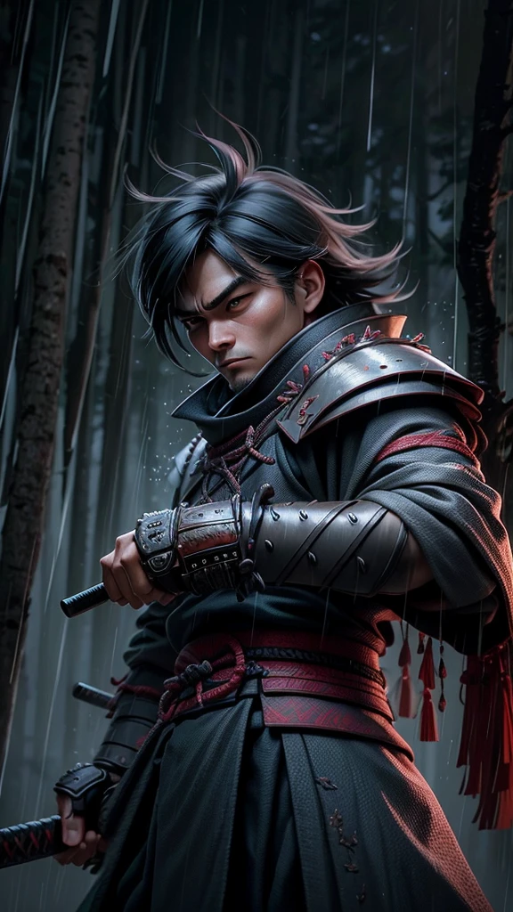 A samurai warrior in a dark, gloomy forest, standing in a defensive stance with katana drawn, wearing traditional Japanese armor, rain falling in the background, dramatic lighting, moody, cinematic