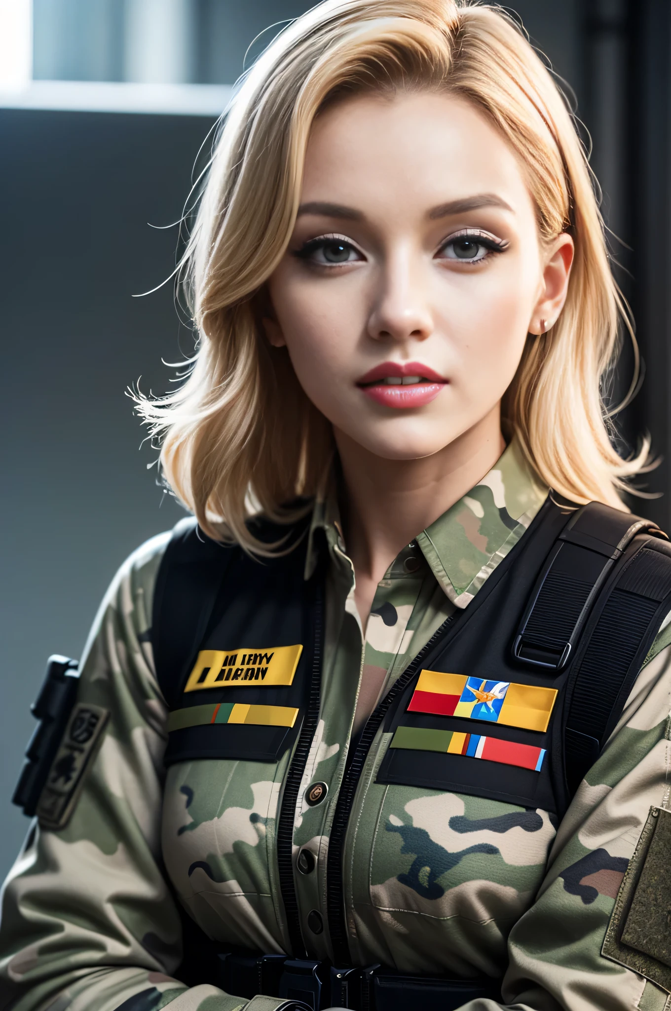 8K, work of art, CRU photo, best qualityer, photorrealistic, papel de parede CG Unity 8k altamente detalhado, Depth of field, cinematic light, Lens flare, ray tracing, (Extremely beautiful face, beautiful lips) , gorgeous eyes) (Extremely beautiful face, beautiful lips) hair long blonde, Army Long Sleeve Camouflage Uniform, camouflaged long pants, combat gloves, black tactical vest, Marilyn Monroe