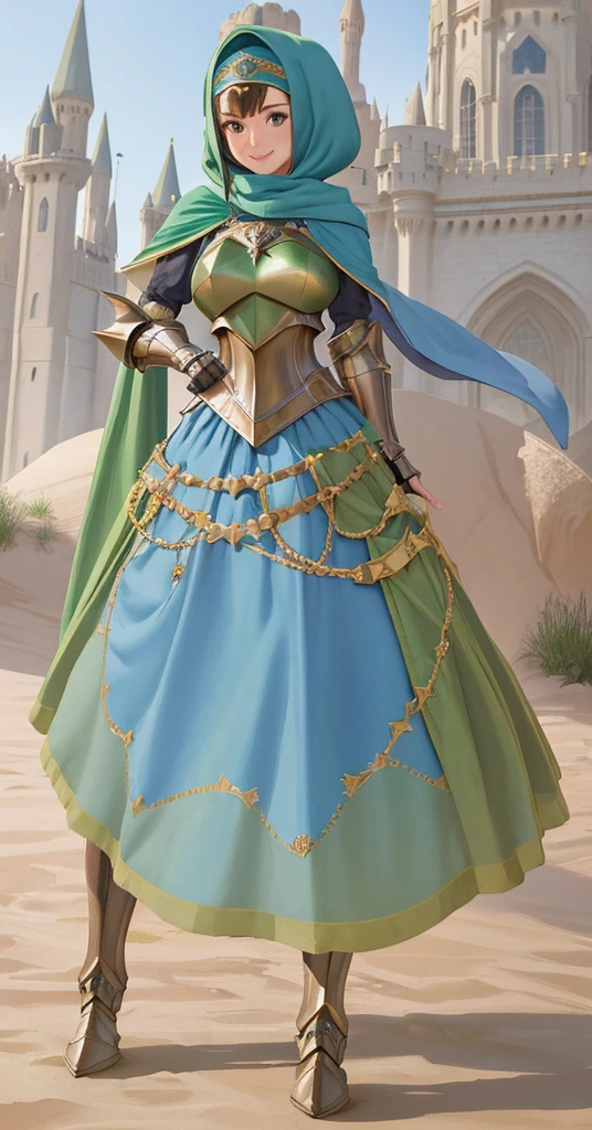 masterpiece, best quality:1.2), 1girl, smile, looking at viewer, green eyes, short brown hair, princess, armor, blue hijab headscarf, pauldrons, armored dress, green cloak cape, wearing puffy blue ballgown skirt, armored boots, fingerless gloves, standing in front of desert castle