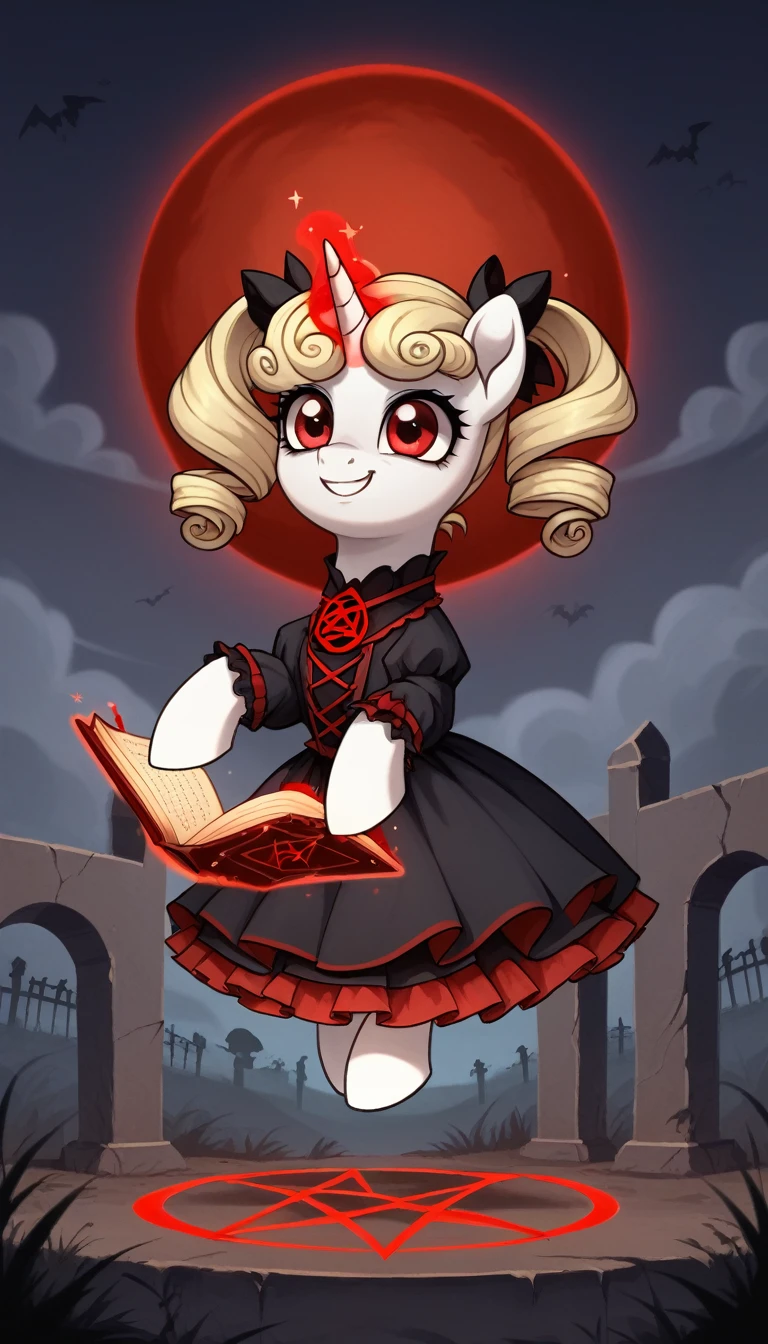 score_9,score_8_up,score_7_up,score_6_up, filly, unicorn, white fur, curly blonde hair, cute twintails, red eyes, Gothic pony, cute ta fashion, glowing backlight, fashion show, graveyard, glitter, whimsical, enchanted, magical, fantasy art concept, intricate details, insane evil smile, blood splatter on face, floating, levitating spell book, glowing pentagram, zombie ponies