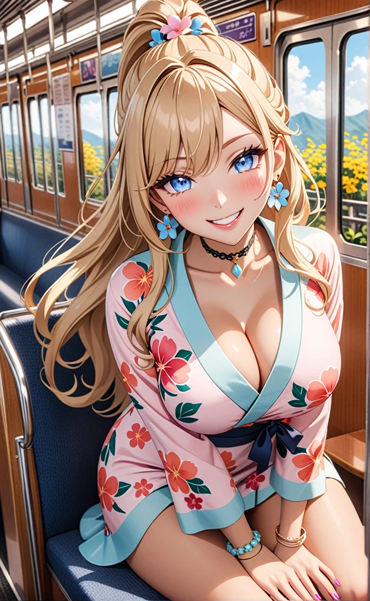 ultra-detailed, ((one girl)), in pastel colors gyaru, (heavy makeup),  hyper detailed, absurdres, 8K, Beautiful Face, (Laugh shyly), ((teasing smile:1.8)), ((Wink:1.5)), (Laugh with your mouth wide open),((Tilt your face:1.6)), View your viewers, ((full-face blushed:1.6)),Glossy Red Lips, (tan skin:1.5), ((Big Breasts:1.5)), ((show off breast)), ((undressing)),  noon, on the train, (Brighten your face), ((Anime style background)),masterpiece, Highest quality, so beautiful,Latest, Complex details, (Pink long nails), (nail art), (ring),(bracelet), (Floral Choker),AI-generated, Complex,High resolution, Highest quality, super high quality,3D Images、3D Images,One person, (Blonde long hair), (High Ponytail), (wavy hair:1.3), Pastel anime woman posing for a photo, ((Fine grain、blue eyes、glowing eyes:1.4)), (Squint your eyes:1.1),a hyperRealistic , hyperRealistic , Realistic,Long blonde anime woman, Smooth anime CG art, A girl in a gorgeous pastel-colored kimono, ((Pastel colored long sleeve kimono)),(Pink large floral pattern), Long flower hair ornament,Floral Earrings,Mature Body, tall, Tight waist,((Sit in the seat)), ((leaning forward:1.6)),  ((hand between legs:1.5)), (from above),