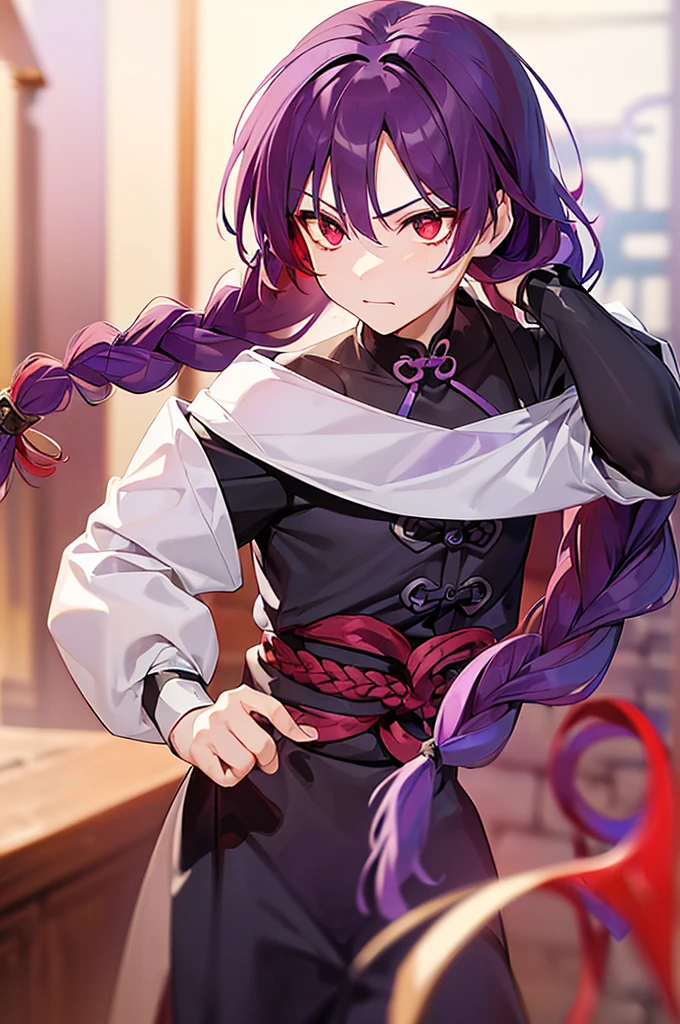 (((Purple Hair、Dye the inside of your hair red、Long Hair、Knot、Braid、Bright red eyes)))、A man wearing black kung fu clothing、A young man with a determined look、Man standing facing forward、（White background）、{{masterpiece}}, The best quality of life
