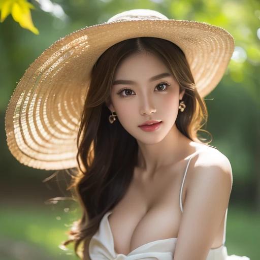 Beautiful breast focus,  C36-24-33 , I can see full-breasts), full-real-nature-breast, (A detailed eye)、(detailed facial features)、light wide brimmed english hat, (detailed clothes features), (minimal clothes, light thin see-through, just to avoid censorship) , white-goldlining-dress-light-chiffon, Beautiful lips, ((Poses that emphasise cleavage, arouse)), earrings, straight-looking stare retina-widen from interesting at viewer:1.8, big-light-glowing-eye, Student, hard-erect-clean-fresh-nipple, camera-close-up-perspective, full-body-dry-clean, flibanserin-drug-Active, happy-shy-seduce-smile, natural-forest-ground, europe-forest-big-tree-tunnel-autumn-yellow-orange-leaves, cozy-strong-wind strong-light-down-4pm light-swirl-bokeh open-clear-sky hair-straight-shoulder-color-light-pine-almond Natural-look high-class H168cm-Weight54kg amature-innocent-girl study-leg age-18 cute charm-asean clear-skin-pale/white angelic-glow-skin