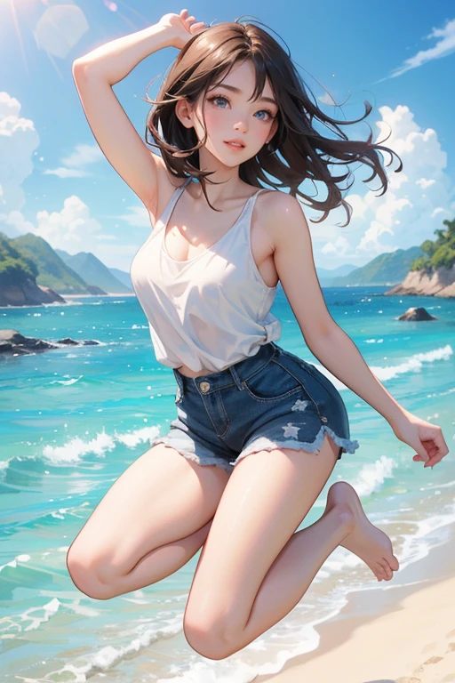 (Highest quality、masterpiece、High resolution、8K)、Vibrant colors、1 Female、Young and beautiful woman、whole body、(Detailed face、Beautiful Eyes、Beautiful nose、Pretty lips)、Black and brown short bob、White tank top and shorts、barefoot、Jump High、Surprised Smile、Official Art、The background is the sea、blue sky、Wide sandy beach、Wide forest、White waves and sandy beach、White Entrance Cloud、