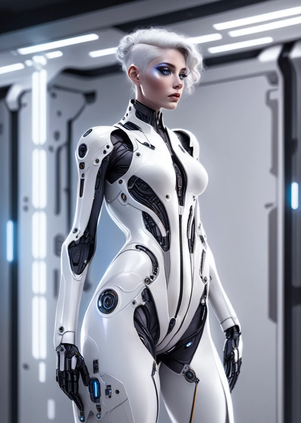 Ultra tall ultra beautiful future fashion tech woman, white body-skin, white latex bodysuit cover, futuristic tech body design skin, tech imbedded in body suit, standing in transporter holodeck, close full body shot, cowboy shot, sci fi pinup girl vibes, hyperdetailed, ultra detailed, 8k resolution,