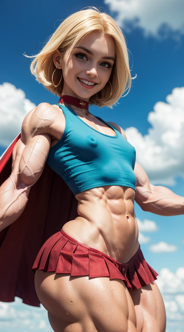 (Muscular:2), (thick thighs:2),
(blonde female:1.3), supergirl, (big smile:1.4), (android 18 haircut),
earrings, lipstick, eyeshadow,
(hard nipples),
(small red cape:1.3), (pleated skirt:1.6), (tanktop, midriff:1.2), choker,
(looking at viewer:1.7), three quarter view, (upper body view:1.9), lowlegp,
(floating in midair, sky and clouds background:1.3), rim lighting, two tone lighting, dim lighting, bokeh, detailed skin, detailed eyes