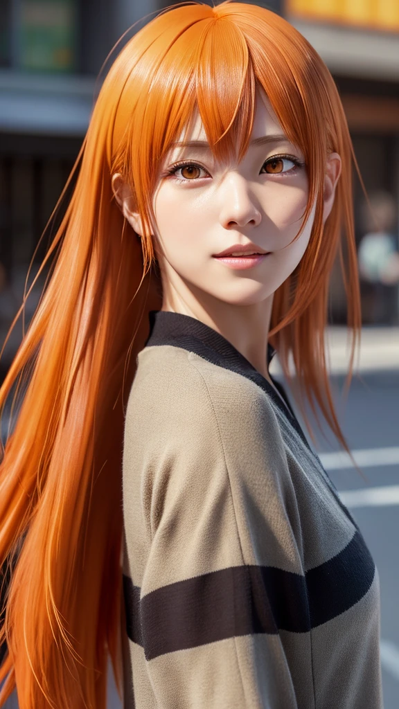 Generate a hyper-realistic portrait of Shoyo Hinata, a character from the anime "Haikyuu!!". Shoyo should be depicted with lifelike skin texture, precise facial features, and natural hair. His bright orange hair should maintain its spikiness and his eyes should be expressive and lively. The overall style should blend anime characteristics with real-world aesthetics.