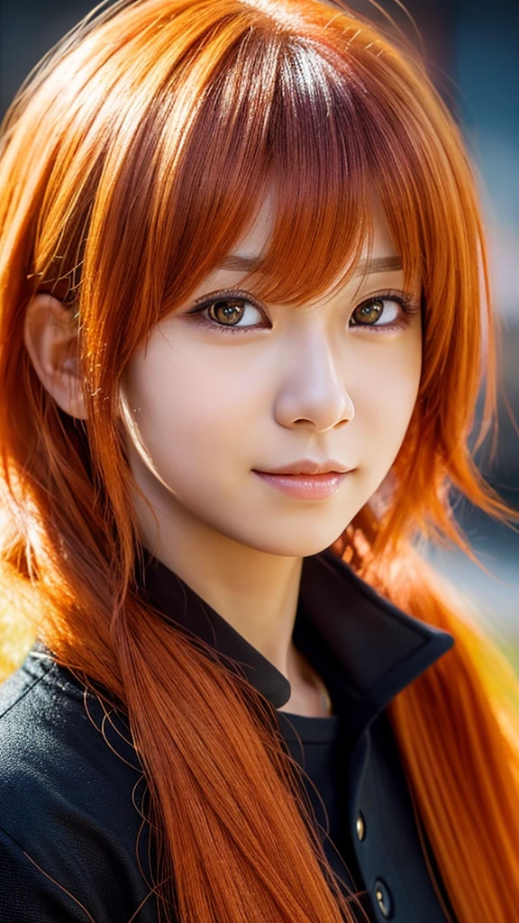 Generate a hyper-realistic portrait of Shoyo Hinata, a character from the anime "Haikyuu!!". Shoyo should be depicted with lifelike skin texture, precise facial features, and natural hair. His bright orange hair should maintain its spikiness and his eyes should be expressive and lively. The overall style should blend anime characteristics with real-world aesthetics.