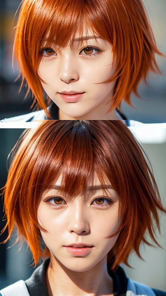 Generate a hyper-realistic portrait of Shoyo Hinata, a character from the anime "Haikyuu!!". Shoyo should be depicted with lifelike skin texture, precise facial features, and natural hair. His bright orange hair should maintain its spikiness and his eyes should be expressive and lively. The overall style should blend anime characteristics with real-world aesthetics.