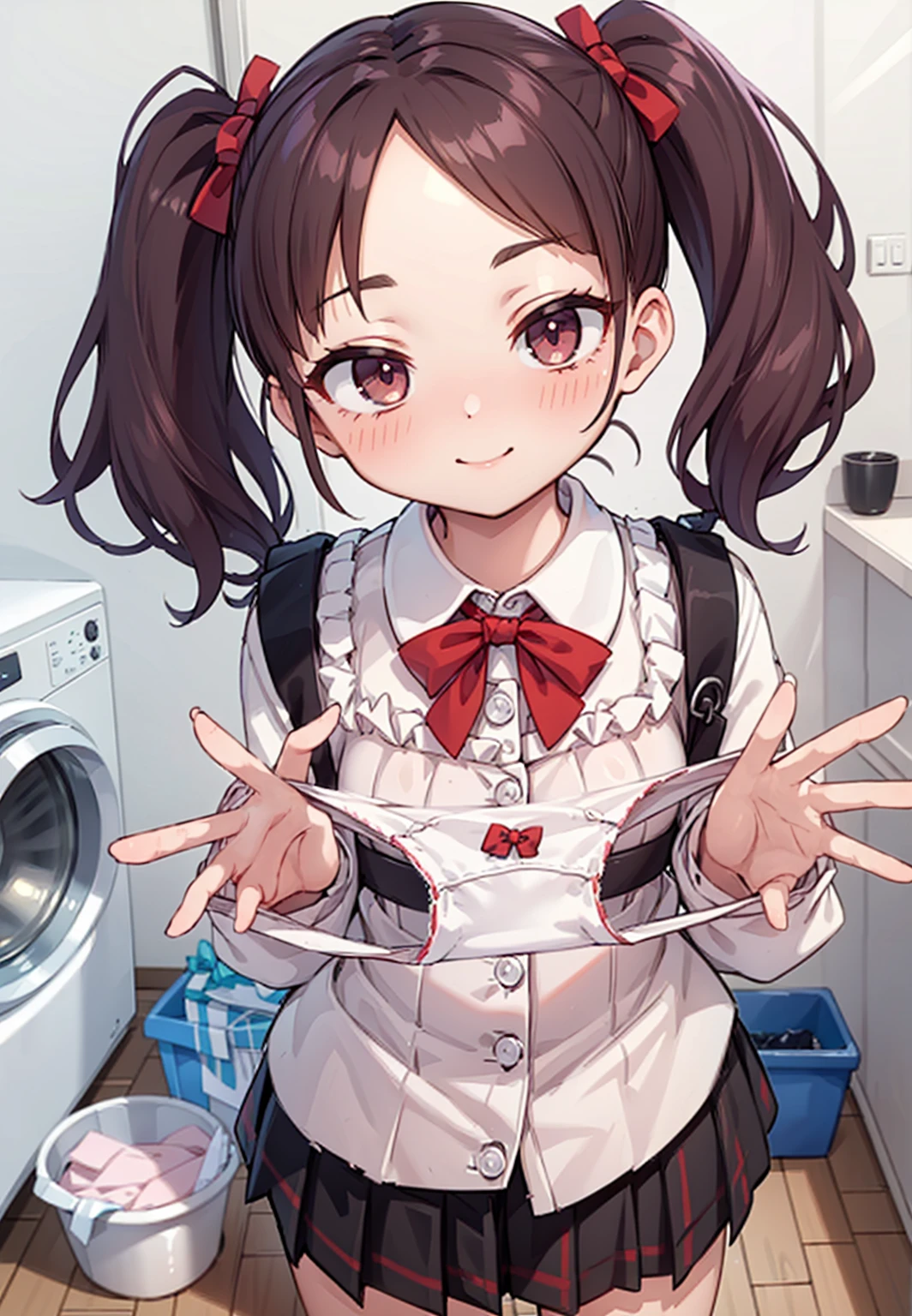 One Girl,
Laundry room,washing machine, Laundry basket, a few underwears are in a , {{{Half Twin Tail:1.3}}}、BREAK,blush, bow, Red Bow, Long sleeve, shirt, Collared shirt,  Pleated skirt, Small breasts,
{{{Face close-up}}},Upper Body,,Check out the lace panties,High quality underwear,
Looking down,View your audience,
Lace panties as a gift,
Tabletop, Highest quality, , absurdes, Perfect Skin, Detailed skin texture, Super detailed, 8K, Intricate details, Beautifully detailed face,High resolution,
 {{{Shadowed face}}}, mock,  smile, Looking down at the viewer, masterpiece,absurdes, Beautiful detailed face seen from the front,mesugaki