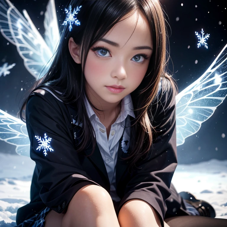 ExtremelyDetailed KAWAII SchoolGirls standing in (Sparkling snow dust), Stunning detailed eyes with (Sparkling Highlights:1.28), beautiful detailed lips, extremely detailed eyes and face, double eyelids with Detailed Long Eyelash, rosy cheeks, Radiant PearlSkin with Transparency, detailed snow fairys in (School Uniform with Coat), (glowing snowflakes:1.32), intricate snowy background, ethereal and magical lighting, cinematic composition, (best quality,4k,8k,highres,masterpiece:1.2),ultra-detailed,(realistic,photorealistic,photo-realistic:1.37) (FullBody:1.28) (exposed:0.33)