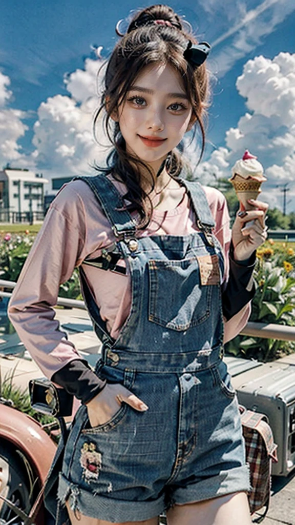 masterpiece,best quality, 1girl,solo,haru urara,overalls,overall shorts,flower-shaped pupils,,pink shirt,holding ice cream,(horse tail:0.6),smile,open mouth,cloudy, 