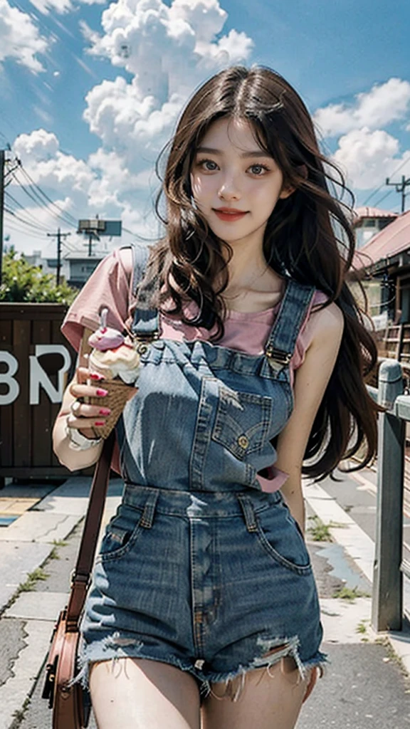 masterpiece,best quality, 1girl,solo,haru urara,overalls,overall shorts,flower-shaped pupils,,pink shirt,holding ice cream,(horse tail:0.6),smile,open mouth,cloudy,