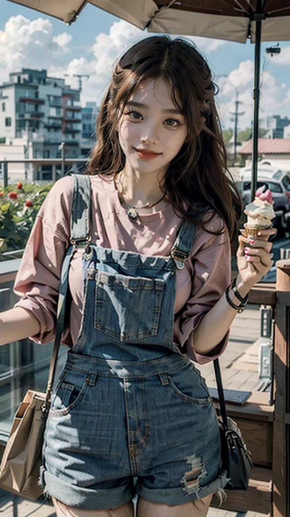 masterpiece,best quality, 1girl,solo,haru urara,overalls,overall shorts,flower-shaped pupils,,pink shirt,holding ice cream,(horse tail:0.6),smile,open mouth,cloudy,