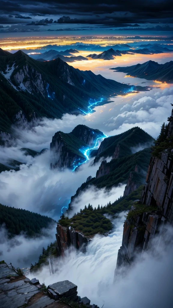 High mountain top，Looking down，Thunder and lightning，Stormy weather，Spectacular，Shock。