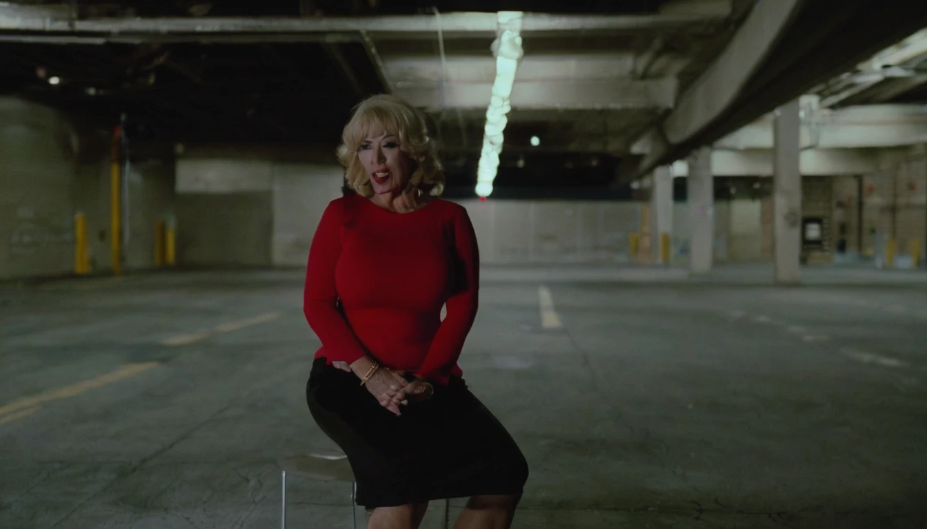Screaming 60 year old teacher with huge voluptuous breasts and big juicy lips sitting in an empty parking garage at nightt