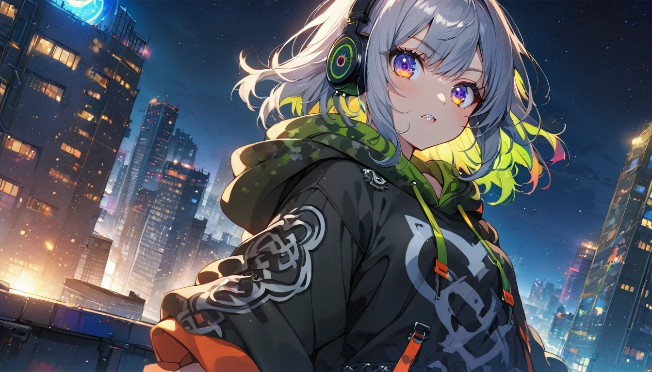 ((Masterpiece)), ((best quality)), (Anime:1.3), (super detail:1.2), (High Definition:1.3), (Professional Photography:1.3), cute young Girl, Glossy unruly hair, (loose swept bangs), (silver ash hair), medium hair, big eyes, (Eye bags:1.3), (Long eyelashes), colorful eyes, (set up a Rocket launcher:1.3), (peek into the aim:1.5), Glossy lips, (jagged teeth), (evil smile and blush), ((Camouflage hoodie with oversized)), mini skirt, (upper body:1.3), barearms, cute, (colorful:1.3), gothic makeup, (wearing headphone), pretty, Celtic, maniac, (at the roof of the building), (dutch angle:1.3),