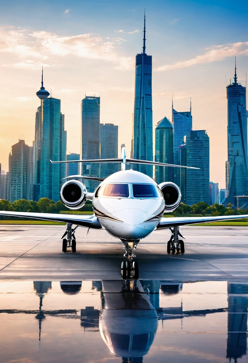 Create an image of a sleek private jet parked on a private runway, ready for departure against a backdrop of a vibrant city skyline.
