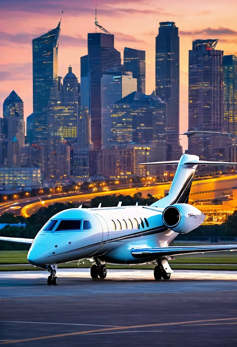 Create an image of a sleek private jet parked on a private runway, ready for departure against a backdrop of a vibrant city skyline.
