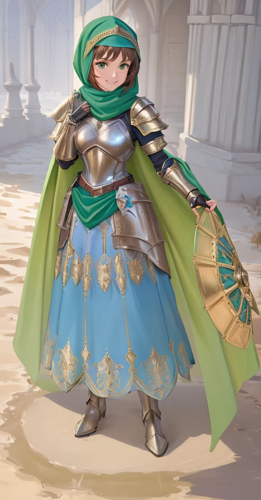 masterpiece, best quality:1.2), 1girl, smile, looking at viewer, green eyes, short brown hair, princess, armor, blue hijab headscarf, pauldrons, armored dress, green cloak cape, wearing puffy blue ballgown skirt, armored boots, fingerless gloves, standing in front of desert castle