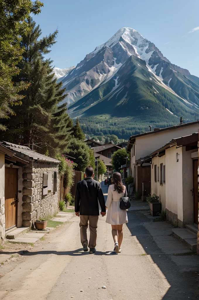 a brother and sister are walking towards the village with a mountain in the background