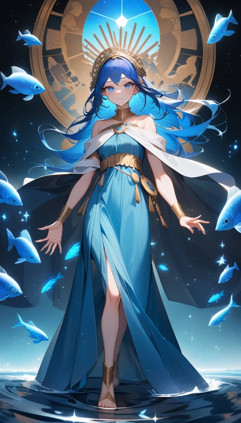 (Huang Li、high quality、Extremely detailed),Constellation-Pisces Goddess,Little fish,Woman petting a school of fish,Similar to Latin goodness,brave,capricious,Productivity,The face of enterprising and humanitarianism,Long blue hair,Ancient Greek costumes、Wrap Dress,The background is the universe,Crystal blue eyes(Eyes Details),Powerful appearance