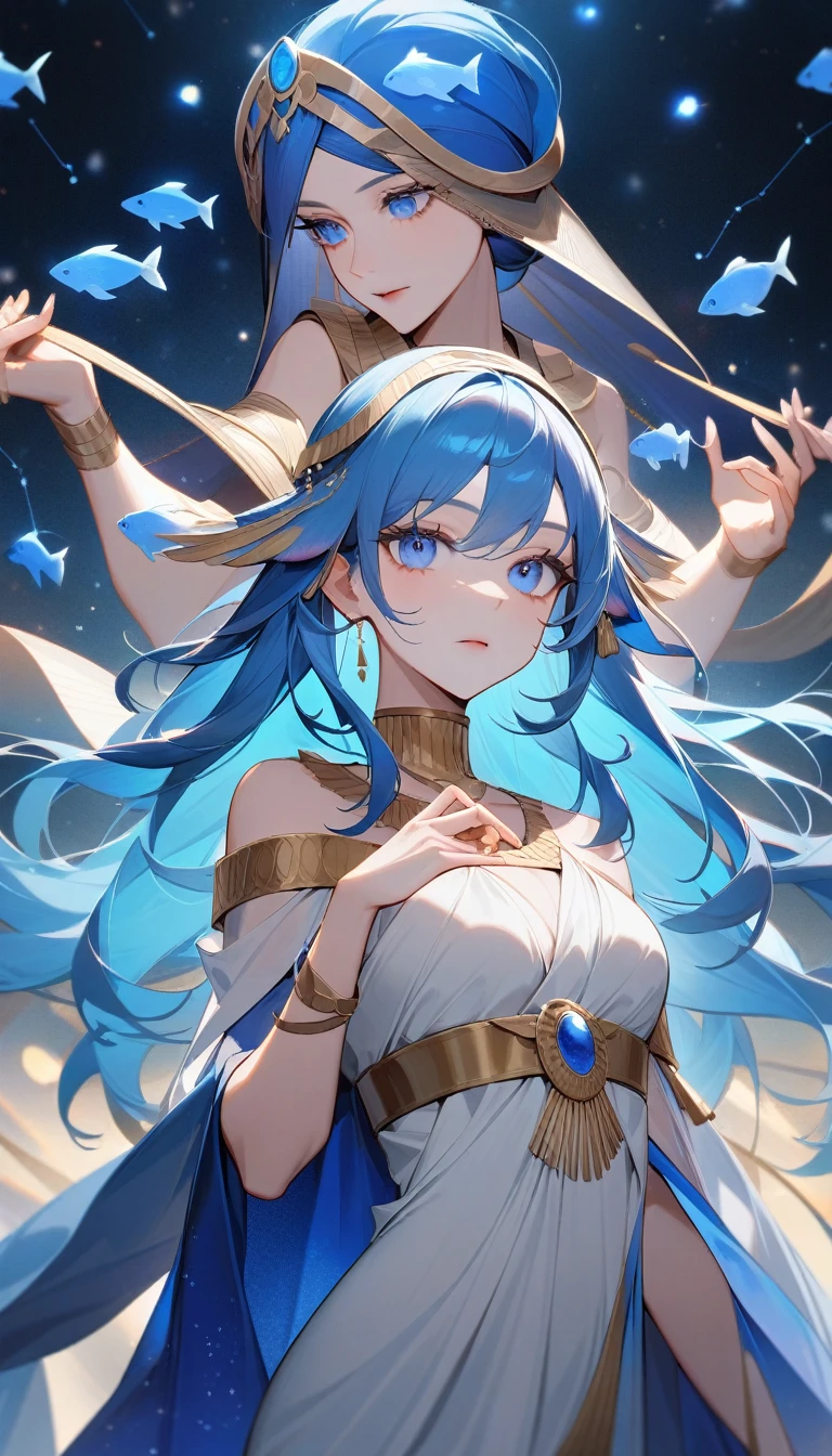（Huang Li、high quality、Extremely detailed），Constellation-Pisces Goddess，Little fish，Woman petting a school of fish，Similar to Latin goodness，brave，capricious，Productivity，The face of enterprising and humanitarianism，Long blue hair，Ancient Greek costumes、Wrap Dress，The background is the universe，Crystal blue eyes（Eyes Details），Powerful appearance