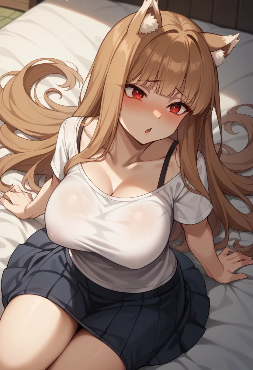 ((masterpiece)), (Highest quality), (detailed), (1 Girl),,Red eyes,Light brown hair、Long Hair、Wolf Ears、,bed、Large Breasts、blush、T-Shirts(tight)camisole、Long maxi skirt、Face up、ass pov、Subjective、hand stroking cheek