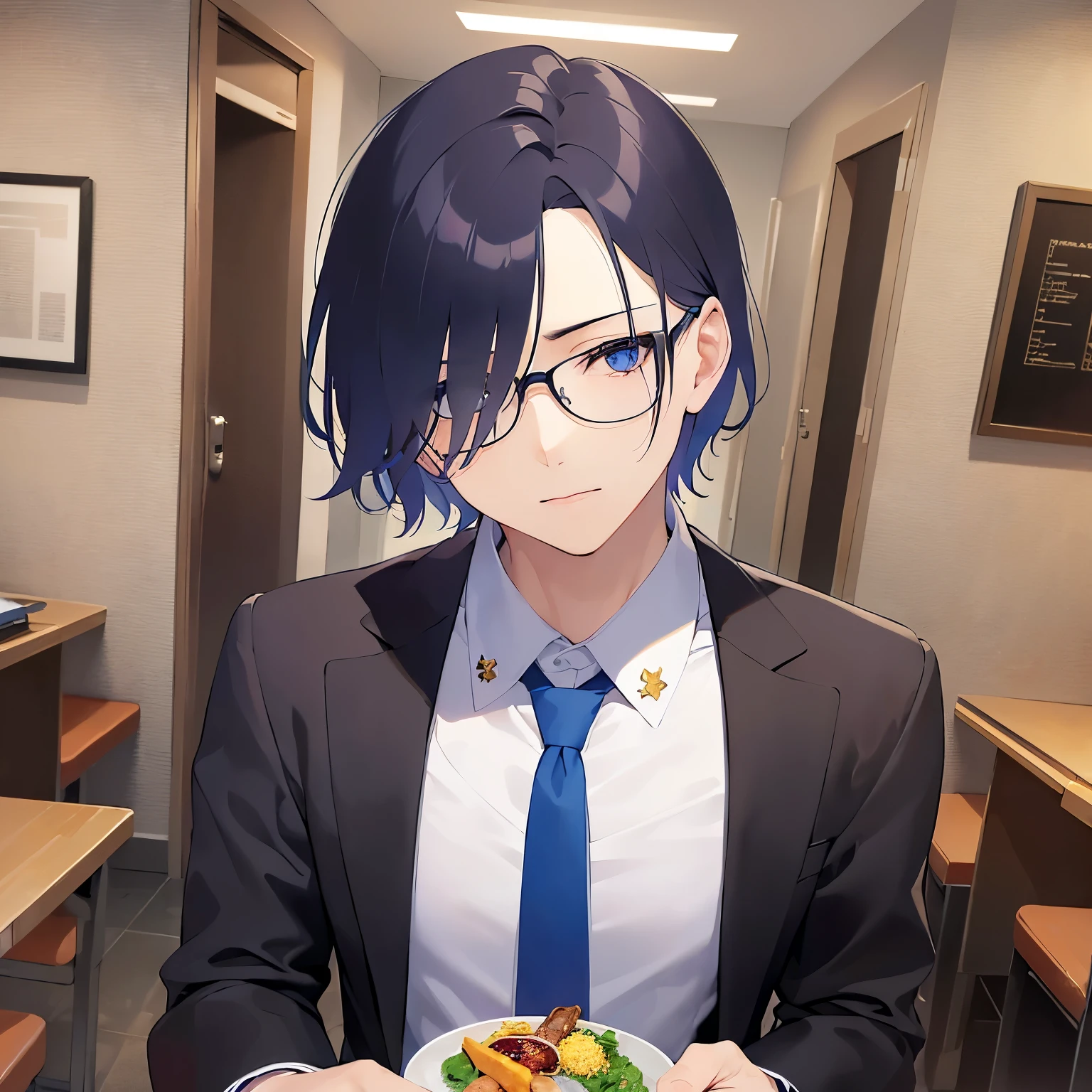 plastic frame eyewear、upper body、(looking away:]1.5), shiny skin, masterpiece、Highest quality、(25-year-old male:1.5) and (Black short hair) and (blue eyes), Hair over one eye, (Wearing a suit:1.5) and (Blue tie)、(annoyed:1.5), , The background is the interior of a restaurant at night.、(Alone:1.5)、Sitting、There is food on a plate on the table