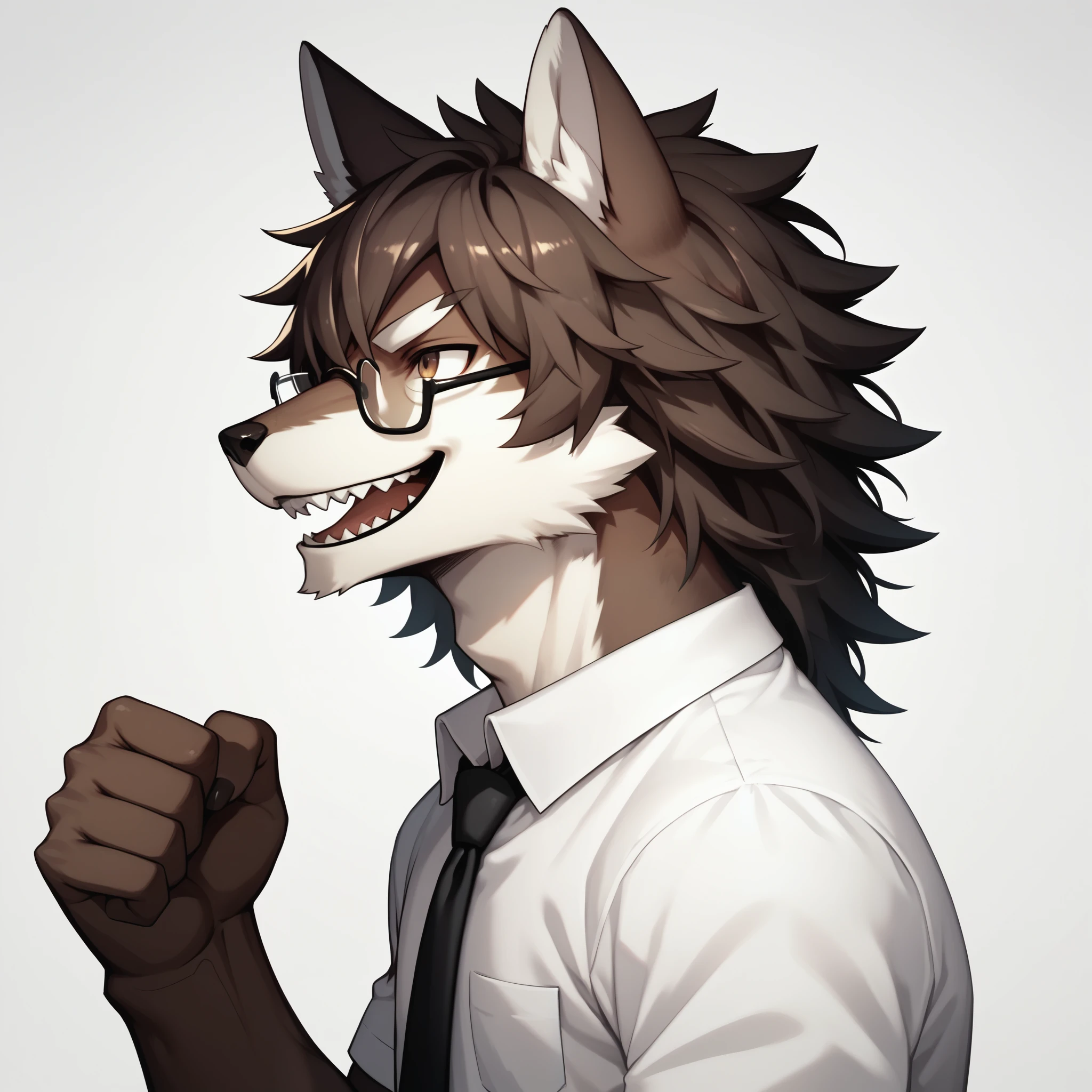 score_9,score_8_up,score_7_up, kemono style, an Anthro furry male wolf, Tall and slender, short brown shaggy hair, brown eyes, black thick rim glasses, wearing white button up shirt, black tie, black slacks, simple white background, big smile, mouth open, lookin triumphant, holding up a fist, dynamic action, furrowed eyebrows, looking up, side view, 