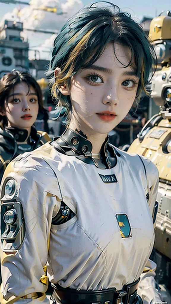 (masterpiece:1.3), (best cinematic quality:1.2), (extremely detailed setting:1), (soft+artistic lighting), (1boy), short blue haired, (eyes+yellow+red:1.4), (multicolored eyes+heterochromia), wearing cyberpunk clothes, futuristic, technological, city scenery with (robots around)0.4], giving dramatic scenery.