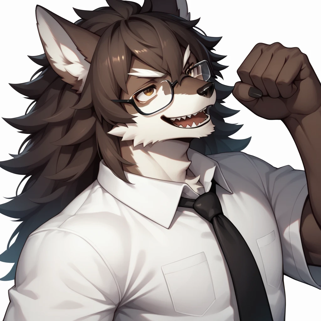 score_9,score_8_up,score_7_up, kemono style, an Anthro furry male wolf, Tall and slender, short brown shaggy hair, brown eyes, black thick rim glasses, wearing white button up shirt, black tie, black slacks, simple white background, big smile, mouth open, lookin triumphant, holding up a fist, dynamic action, furrowed eyebrows, looking up, 