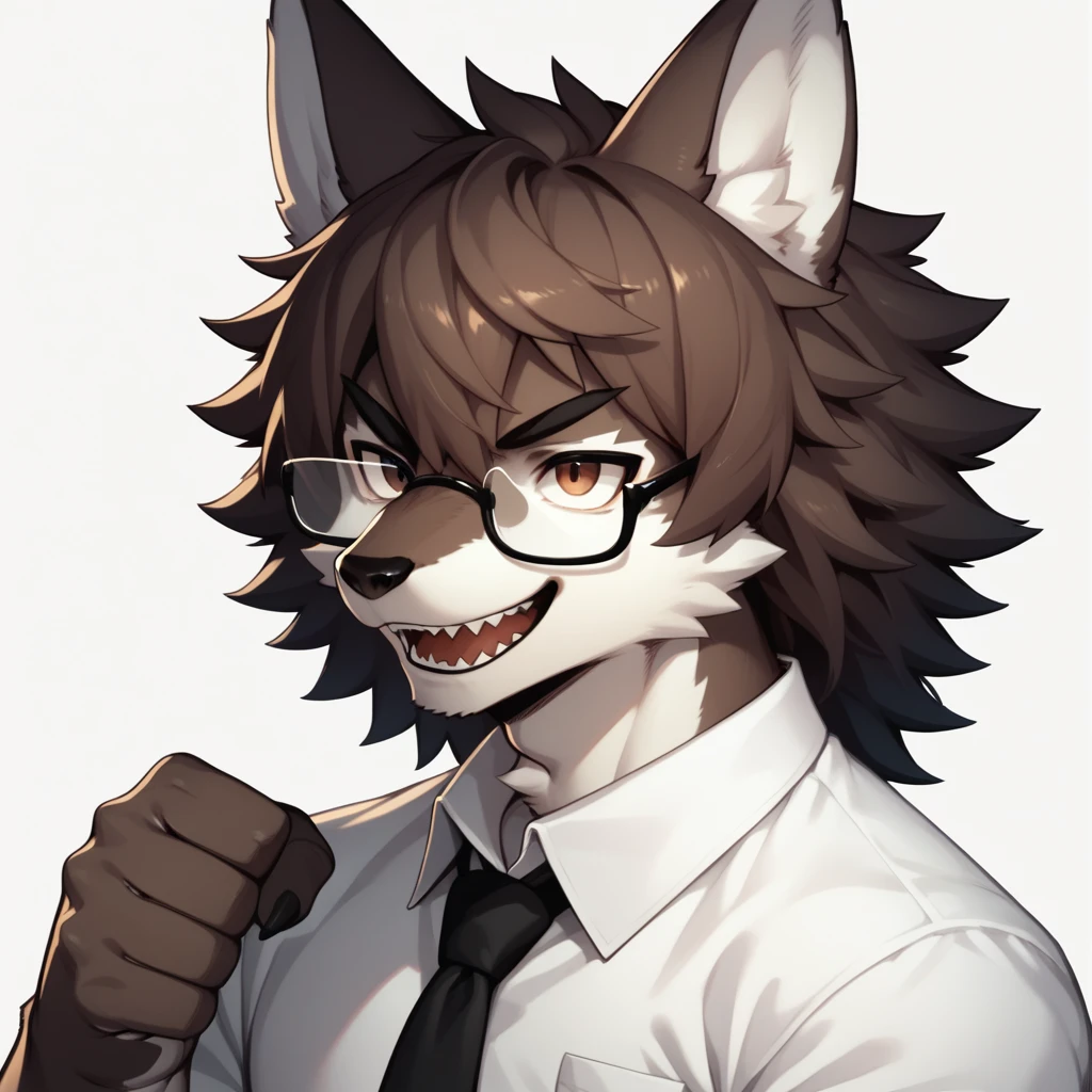 score_9,score_8_up,score_7_up, kemono style, an Anthro furry male wolf, Tall and slender, short brown shaggy hair, brown eyes, black thick rim glasses, wearing white button up shirt, black tie, black slacks, simple white background, big smile, mouth open, lookin triumphant, holding up a fist, dynamic action, furrowed eyebrows, looking up, 