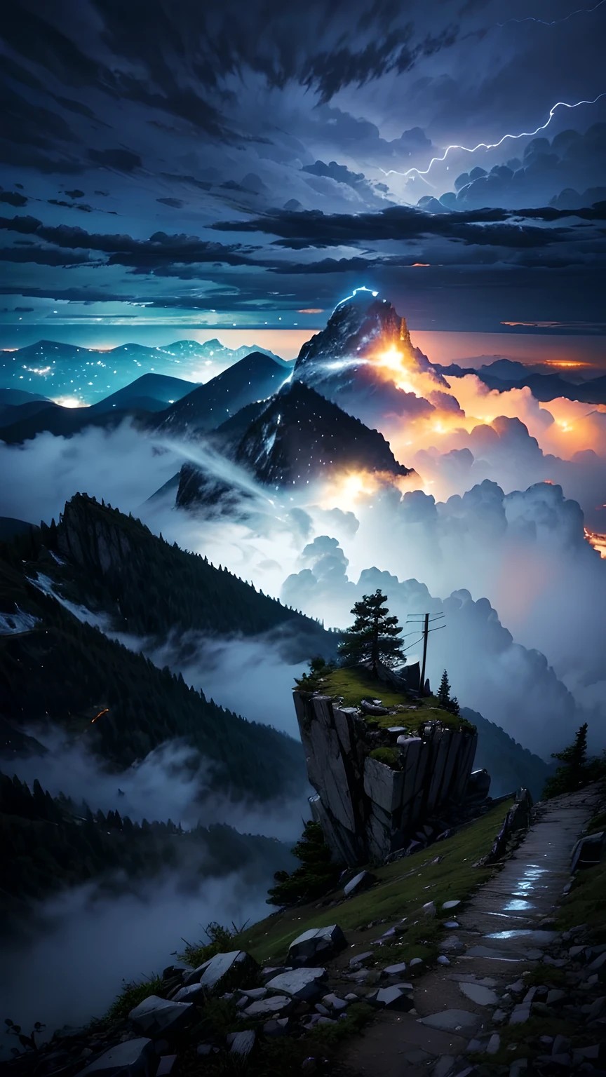 High mountain top,Looking down,Thunder and lightning,Stormy weather,Spectacular,Shock。
