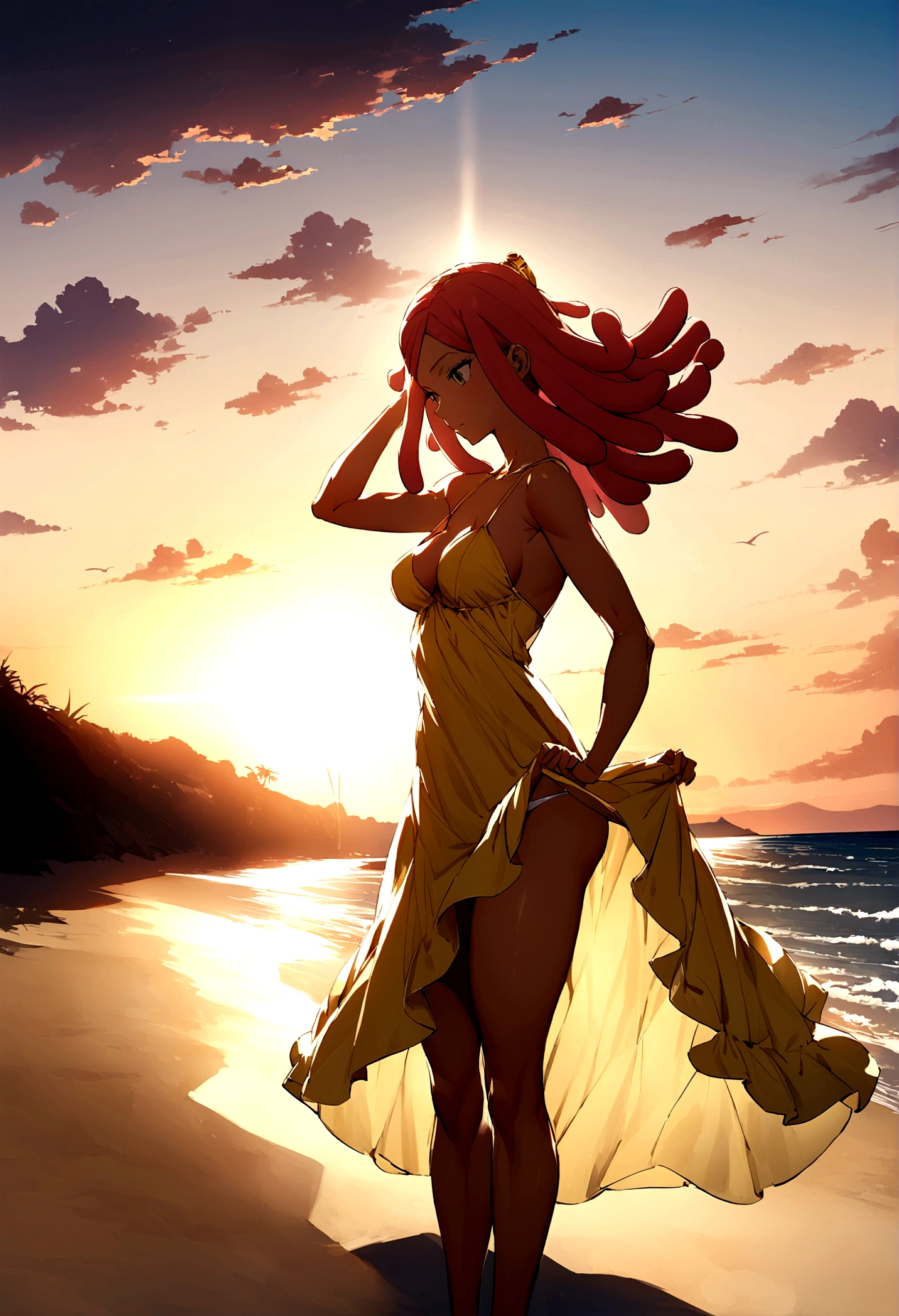 sunset shimmer standing naked in moonlight, full moon, night-time, wearing a see-through night gown, moonlight going through night gown, beach, tiki torches