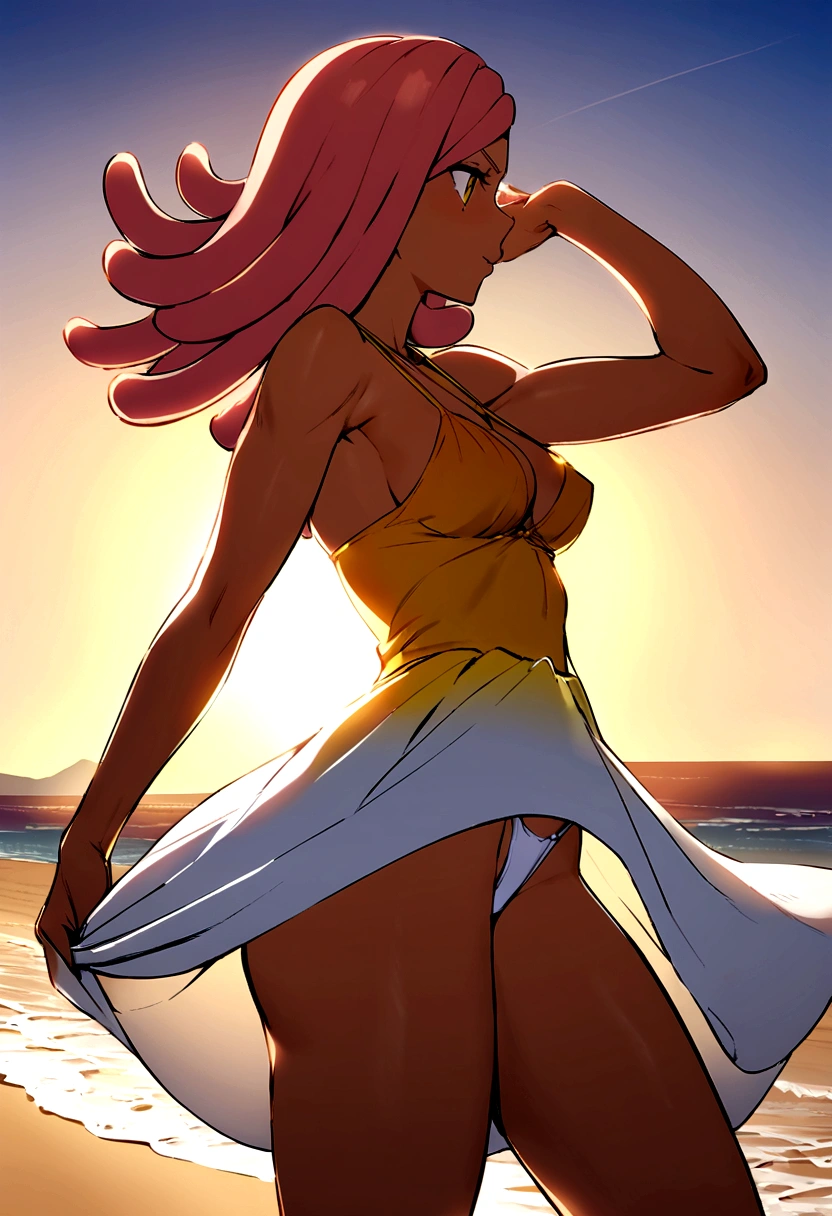 Hatsume Mei, Summer dress, yellow mini dress, lifted dress, wind, white thong, playa, standing, medium breasts, perfect legs, perfect arms, pose sexy, perfect body, perfect lighting, sunrise