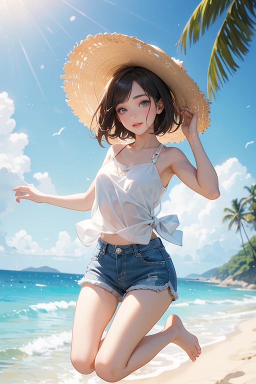(Highest quality、masterpiece、High resolution、8K)、Vibrant colors、1 Female、Young and beautiful woman、whole body、(Detailed face、Beautiful Eyes、Beautiful nose、Pretty lips)、Black and brown short bob、White tank top and shorts、barefoot、Jump High、Surprised Smile、Official Art、The background is the sea、blue sky、Wide sandy beach、Wide forest、White waves and sandy beach、White Entrance Cloud、