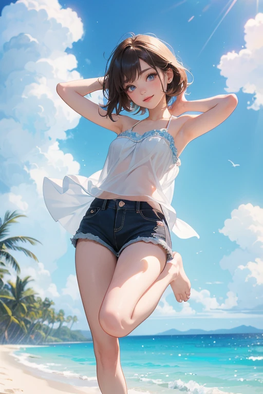 (Highest quality、masterpiece、High resolution、8K)、Vibrant colors、1 Female、Young and beautiful woman、whole body、(Detailed face、Beautiful Eyes、Beautiful nose、Pretty lips)、Black and brown short bob、White tank top and shorts、barefoot、Jump High、Surprised Smile、Official Art、The background is the sea、blue sky、Wide sandy beach、Wide forest、White waves and sandy beach、White Entrance Cloud、