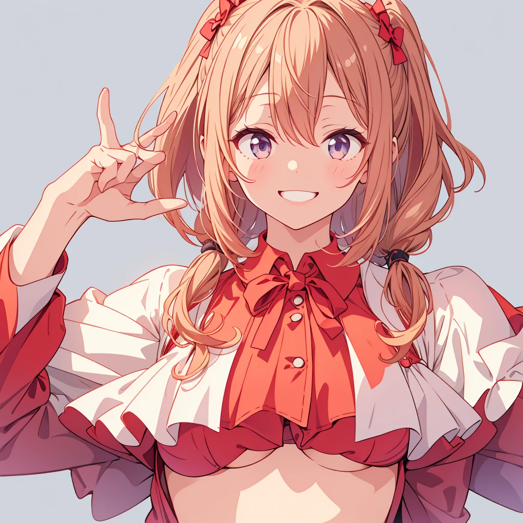 1girl、V sign、Simple Background、smile、Focus on face and hands、