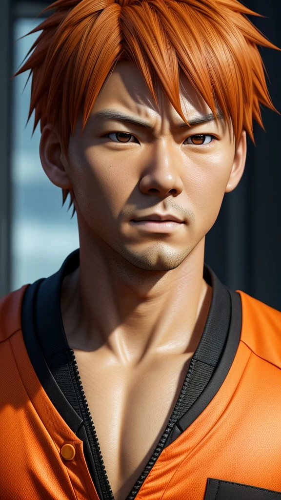 Generate a hyper-realistic portrait of Shoyo Hinata, a character from the anime "Haikyuu!!". Shoyo should be depicted with lifelike skin texture, precise facial features, and natural hair. His bright orange hair should maintain its spikiness and his eyes should be expressive and lively. The overall style should blend anime characteristics with real-world aesthetics.