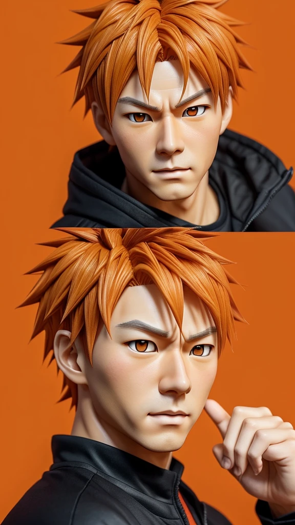 Generate a hyper-realistic portrait of Shoyo Hinata, a character from the anime "Haikyuu!!". Shoyo should be depicted with lifelike skin texture, precise facial features, and natural hair. His bright orange hair should maintain its spikiness and his eyes should be expressive and lively. The overall style should blend anime characteristics with real-world aesthetics.