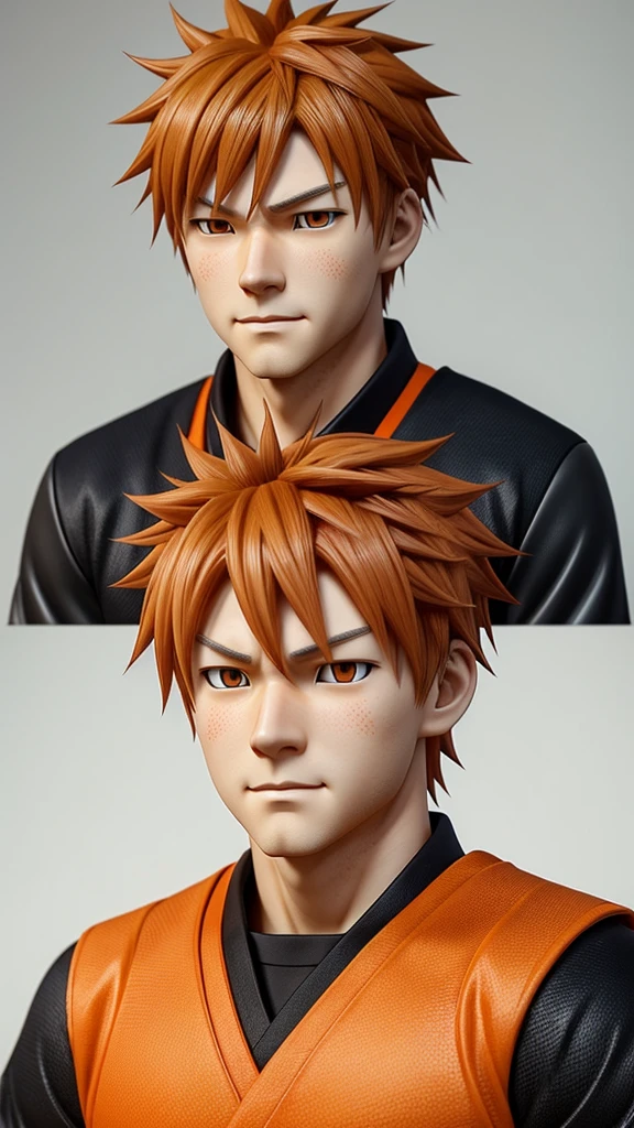 Generate a hyper-realistic portrait of Shoyo Hinata, a character from the anime "Haikyuu!!". Shoyo should be depicted with lifelike skin texture, precise facial features, and natural hair. His bright orange hair should maintain its spikiness and his eyes should be expressive and lively. The overall style should blend anime characteristics with real-world aesthetics.